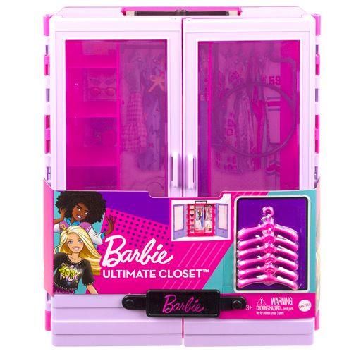 MATTEL HJL65 Barbie Kleiderschrank mit Tragegriff (lila/rosa) ausklappbar mit Zubehör