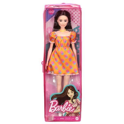 MATTEL GRB52 Barbie Fashionistas Puppe im schulterfreien Polka-Dot Kleid