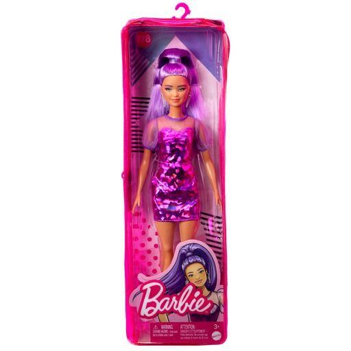 MATTEL HBV12 Barbie Fashionistas-Puppe, zierlich, lange, violette Haare und violettes Metallic-Kleid