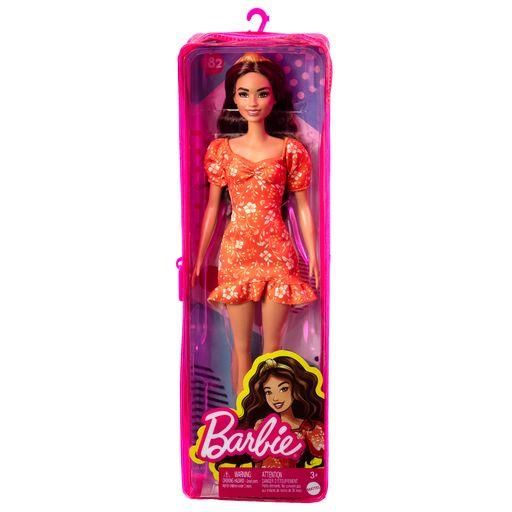 MATTEL HBV16 Barbie Fashionistas Puppe (Blumenkleid orange), langes gewelltes braunes Haar