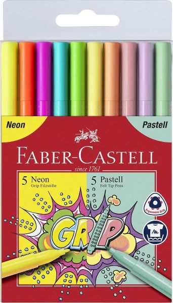 Faber-Castell 155312 Grip Filzstift Neon + Pastell, 10er Kunststoffetui